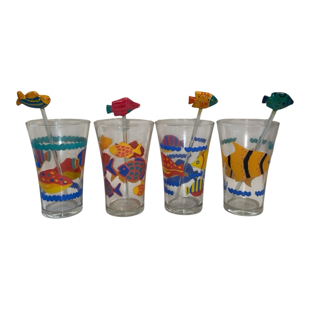4 Vintage LIBBEY Tropical Fish Glasses Flared Rim Tumblers with Swizzle Sticks